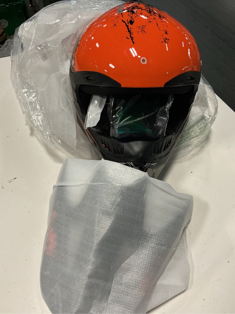 Condition photo showing New/Like New for full face dirt bike helmet dot certified - complete adult atv helmet kit with goggles, gloves & mask, adjustable visor, quick release small orange floral prints