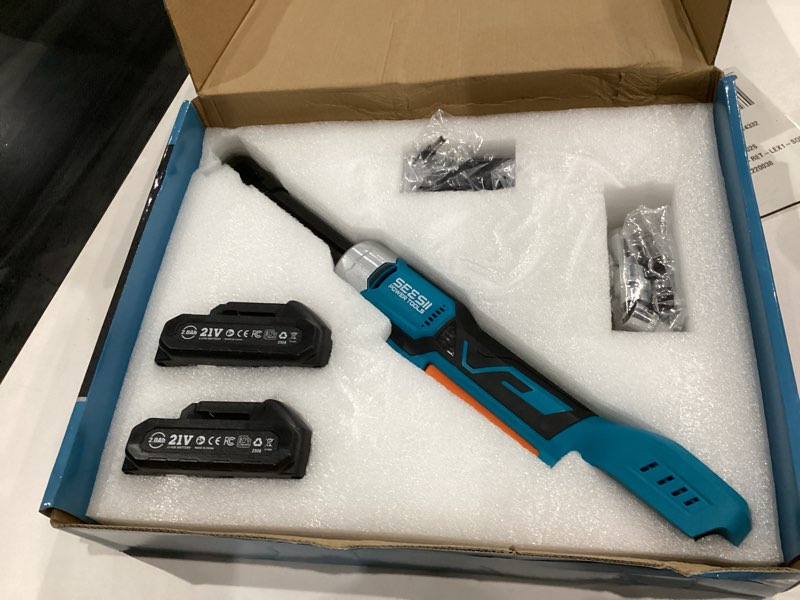 Condition photo showing New/Like New for Cordless Electric Ratchet Wrench 3/8", 6" Extended Neck, 3-Speed Adjustable, 74 Ft-lbs Max Torque, 21V Power Brushless Ratchet with 2×2.0Ah Batteries & Fast Charger, 8 Sockets, 1/4"& 1/2" Adapter Extended 6 Inch