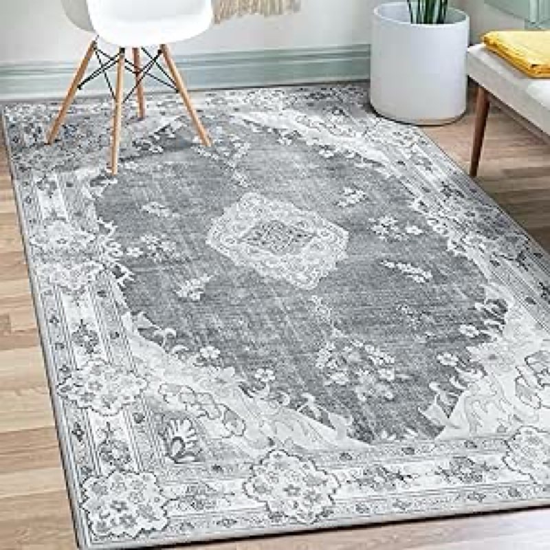 Grey Rug 3'x5' Washable, Boho Area Rugs for Entryway Bedroom Living Room Kitchen,Small Vintage Bohemian Distressed Farmhouse Non Slip Carpet,Floral