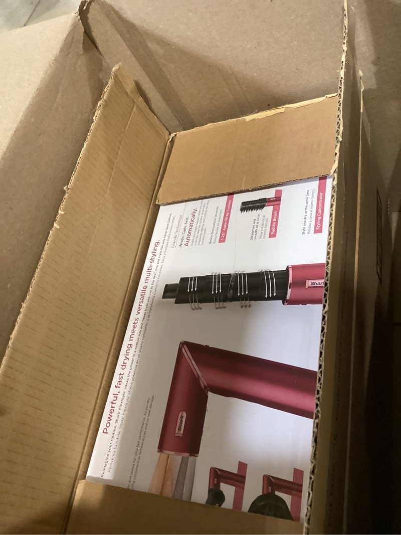 Condition photo showing New/Like New for shark flexstyle air styling & drying system, powerful hair dryer brush & multi-styler with auto-wrap curlers, diffuser, paddle brush, round brush, concentrator attachment, black cherry, hd457cr black cherry limited edition