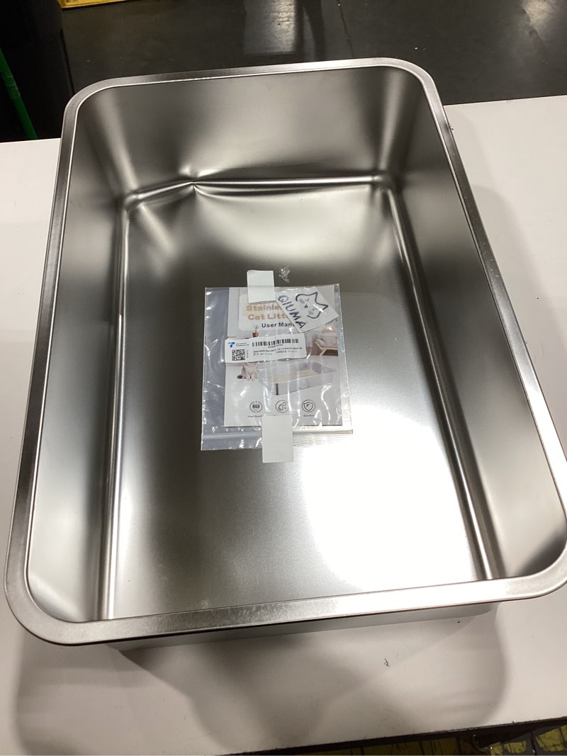 Condition photo showing As Is for qiuma stainless steel metal litter box, extra large cat litter box with high sides, odor-free, non-stick, easy to clean, 23.4"×15.6"×5.9", ideal for large cats & multi-cat households, litter tray