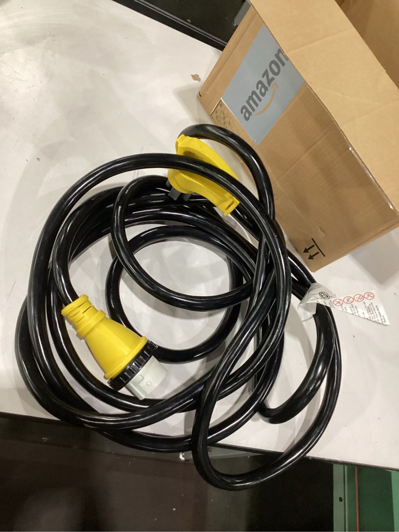 Condition photo showing New/Like New for Camco Power Grip 25-Ft 50 Amp RV Extension Cord w/90° Locking End - Rated for 125/250V & 12,500W - Features Threaded Locking Ring for Weatherproof Connection & Coated w/Heat-Resilient PVC (55574)