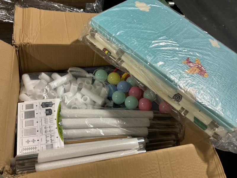Condition photo showing Good Condition for upgraded playpen with enhanced thick foldable mat, balls, 4 rings, storage bag, basketball hoop & soccer nets - play yard - sport playpen - activity center - bpa-free, non-toxic, safe
