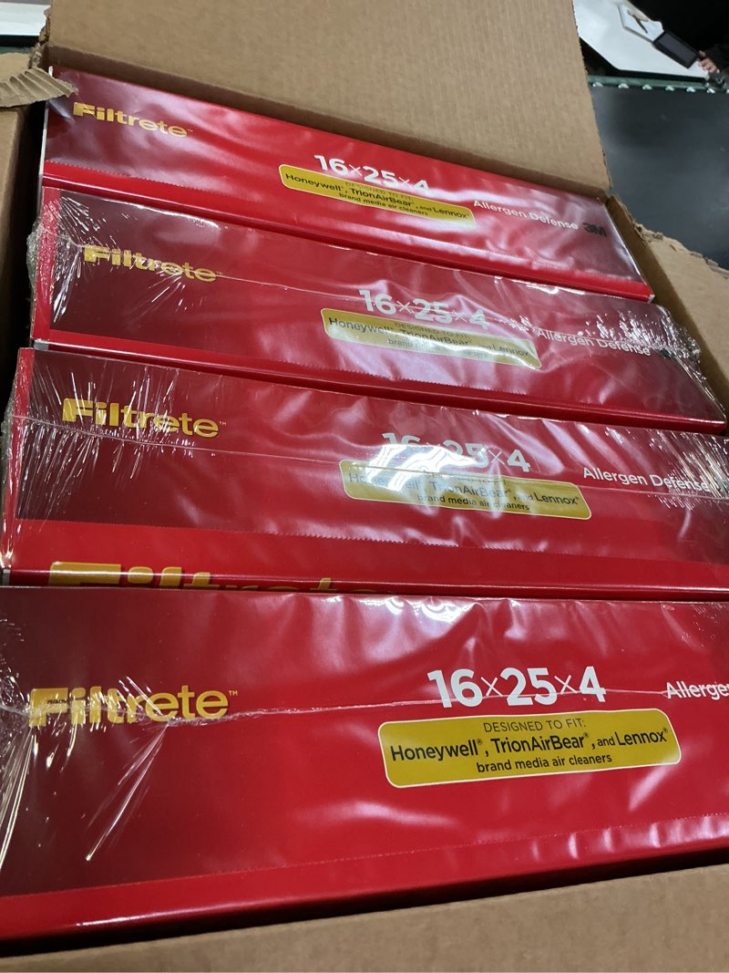Condition photo showing Good Condition for Filtrete 16x25x4 AC Furnace Air Filter, MPR 1000, MERV 11, Fits Lennox & Honeywell Devices, Allergen Defense, Electrostatic Air Cleaning Filter, 4-Pack (actual size 15.88 x 24.56 x 4.31)