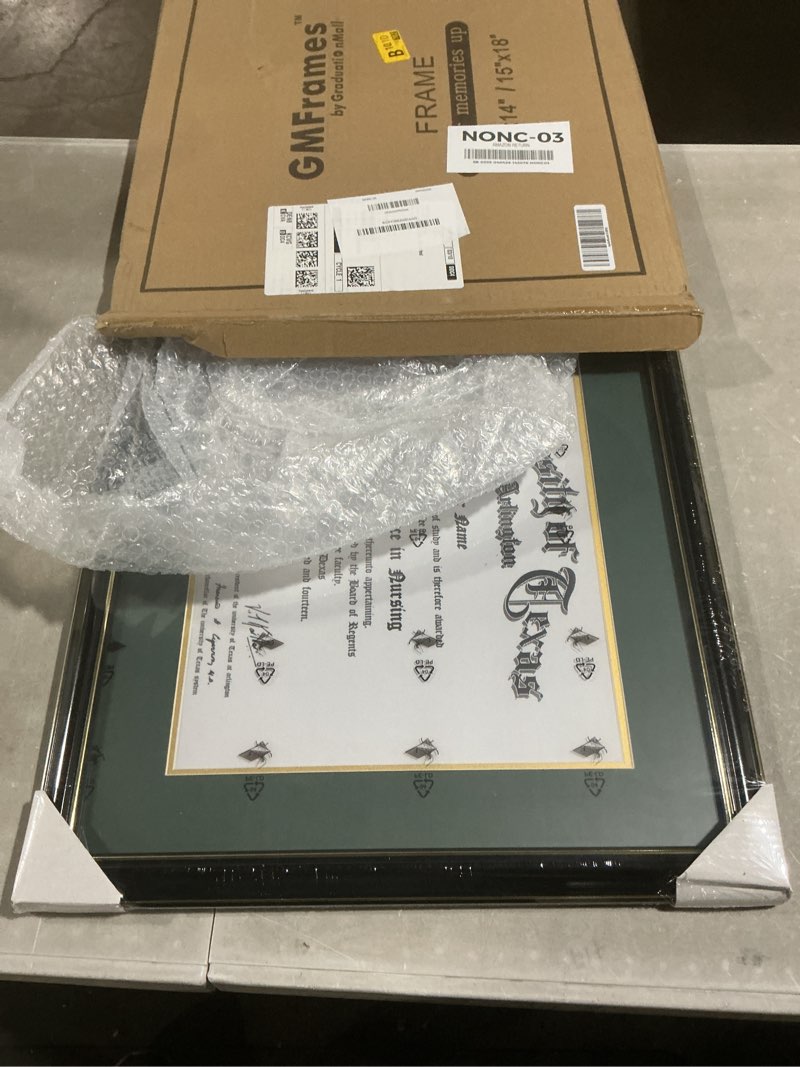 Condition photo showing Good Condition for graduationmall 11x14 diploma frame with green over gold mat or display 15x18 certificate without mat,solid wood & tempered glass,glossy black finish with gold trim black with gold trim / green gold mat 15x18 or 11x14 with mat