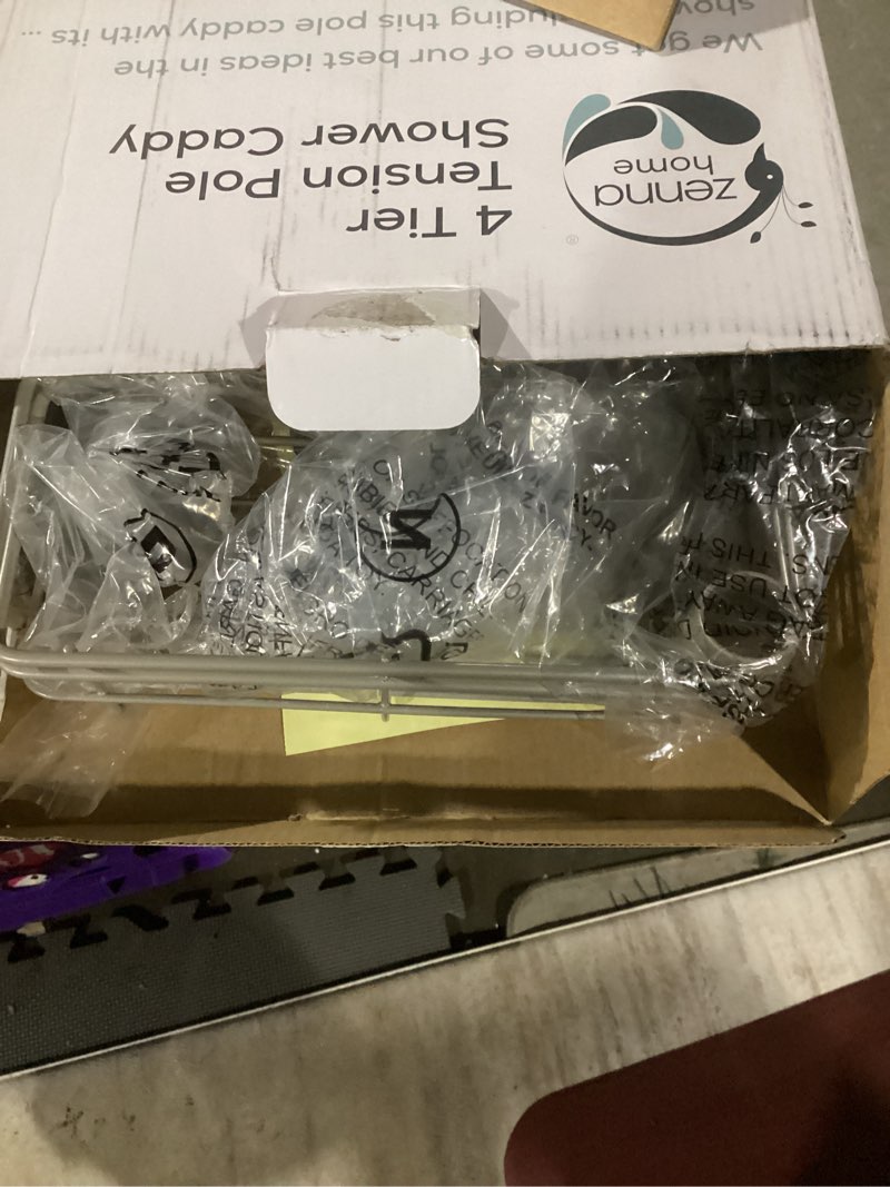 Condition photo showing Good Condition for Zenna Home Tension Pole Shower Caddy Corner Organizer, Adjustable Standing Shower Caddy with 4 L-shaped Baskets and Hooks, Rust Resistant Bathroom Tension Rod Organizer, 60 to 97 Inch, Satin Nickel