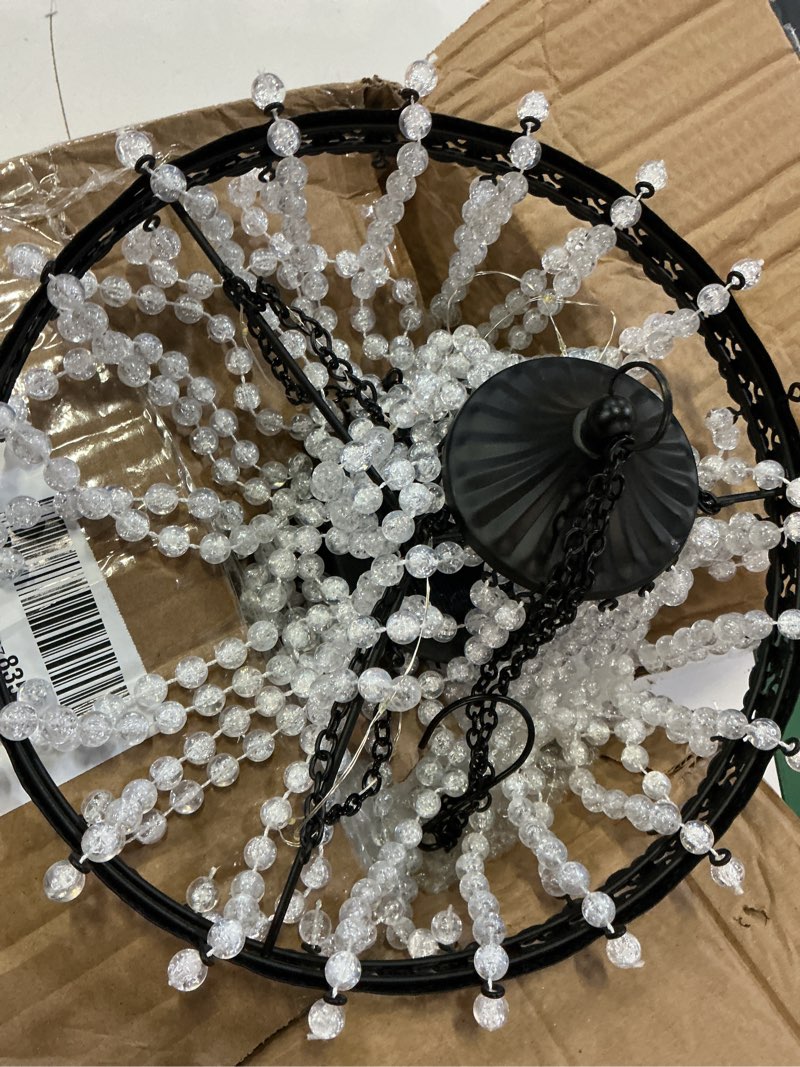Condition photo showing As Is for hanging solar chandelier outdoor, 30 cool white lights acrylic clear beaded chandelier with s hooks modern lantern for garden yard patio gazebo decorations, 28”h