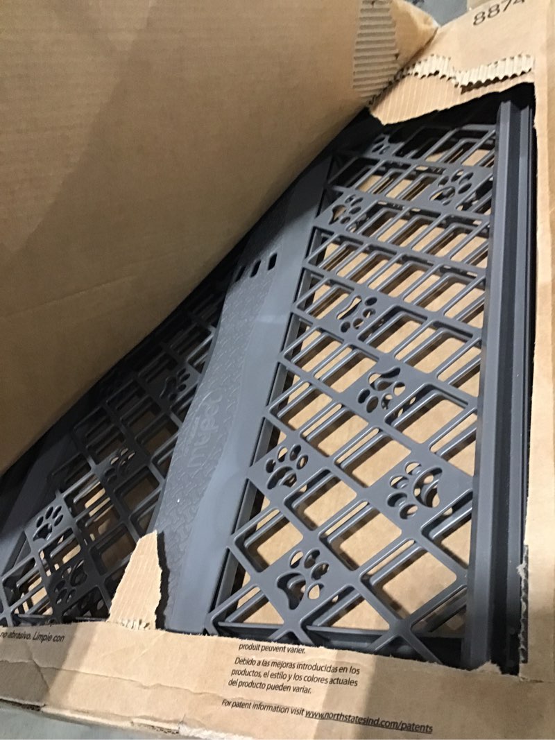 Condition photo showing As Is for MYPET North States Paws Portable Pet Gate: 26-40" Wide. Pressure Mount. No Tools Needed. Made in USA, 23" Tall, Expandable, Durable Dog Gates for Doorways, Fieldstone Gray