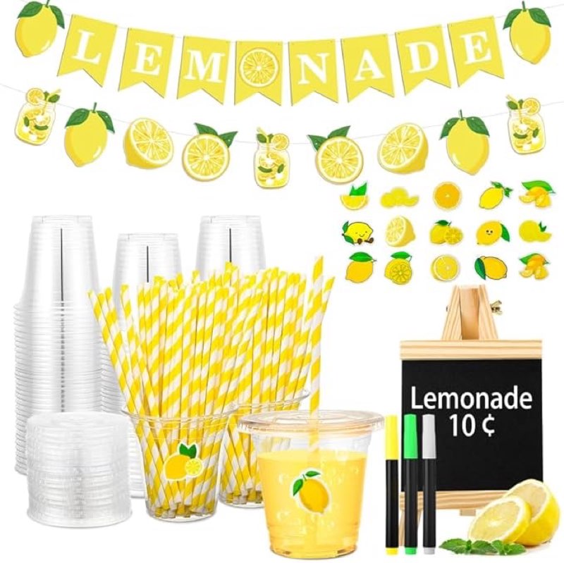 lemonade stand supplies 50 pcs lemonade cups with lids and straws, 2 pcs lemonade banners, wooden blackboard and lemon stickers for summer lemon birthday baby shower party decor,yellow