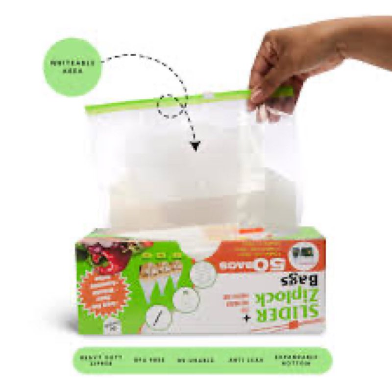 Slider Freezer Bag (50-Pcs), Reusable Food Bags Set – Large, Medium, Small Plastic Bags (4.5L, 2.25L & 1L), 50 sticker Labels, Ziplock bag holder, & Pen – BPA-Free, Food Storage Bag