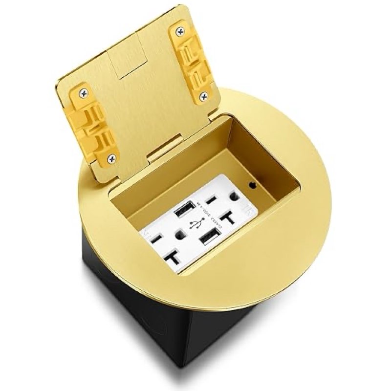 kanayu gold recessed floor outlet, 3.98\"x 3.66\" x 3.15\" 1-gang, receptacles duplex with 4.8a usb chargers 20a tr device and waterproof adjustable steel box, round electrical outlet kit, etl listed