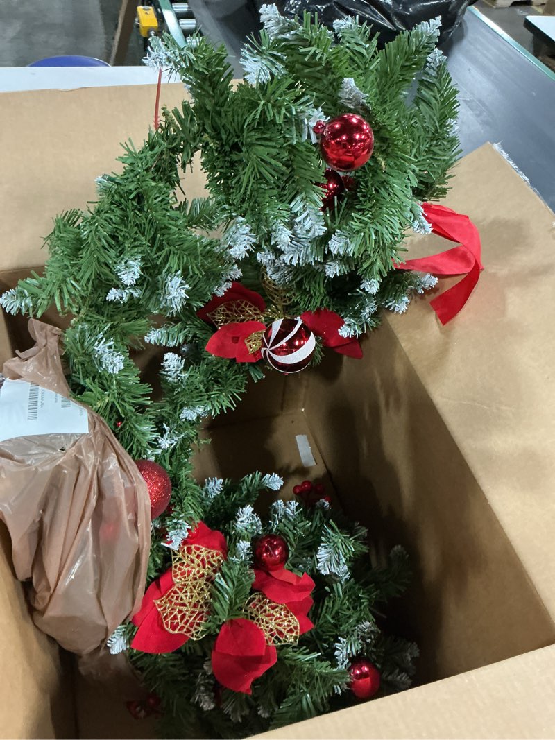 Condition photo showing Good Condition for National Tree Company 9 ft Pre-Lit Wintry Pine Flocked Artificial Christmas Garland, Christmas Decoration with Pinecones, Red Berries, 100 Clear Lights, 184 Tips, Green