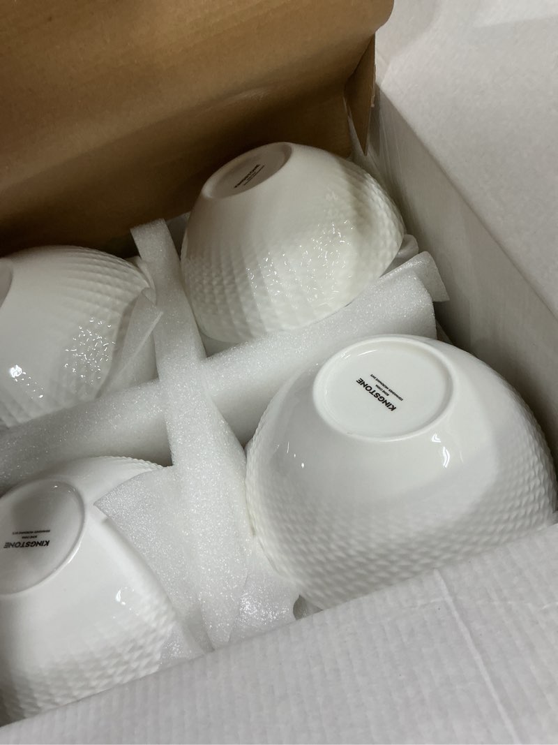 Condition photo showing Good Condition for kingstone bone china dinnerware set, 24-piece white lightweight porcelain for 8, plates and bowls with rhombus patterned edge design, microwave and dishwasher safe, for family, restaurant, gifting white service for 8-24pcs