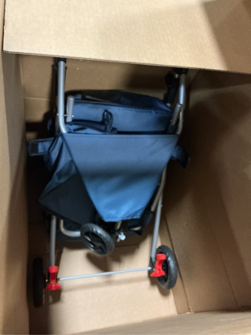 Condition photo showing As Is for newbulig 3 wheel pet stroller for dogs and cats, foldable, lightweight and durable, ideal for small to medium pets, includes storage basket and cup holders blue standard size