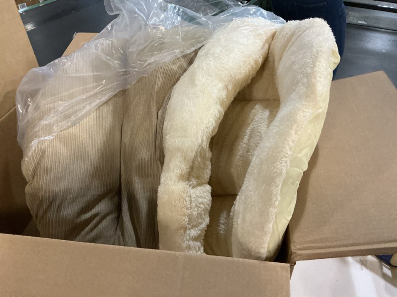 Condition photo showing As Is for PetJett Calming Dog Beds for Small Dogs – 23" Donut Dog Beds, Anti-Slip & Washable Fluffy Plush Faux Fur Pet Bed, Anti-Anxiety Premium Comfort Round Puppy Bed, Fits Dogs up to 25 lbs – Beige Beige Small - 23”L x 23”W x 8”Th