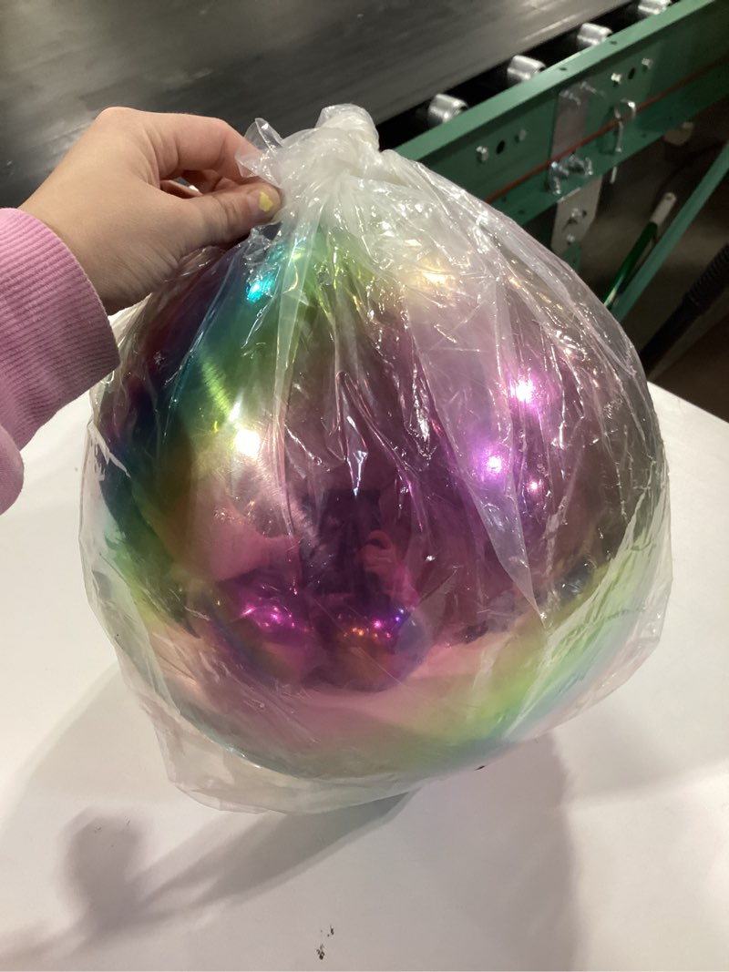 Condition photo showing As Is for 25cm/10 inch garden sphere mirror gazing ball,rainbow stainless steel polished reflective smooth hollow globe ball,durable colorful and shiny decorations addition to garden patio yard home