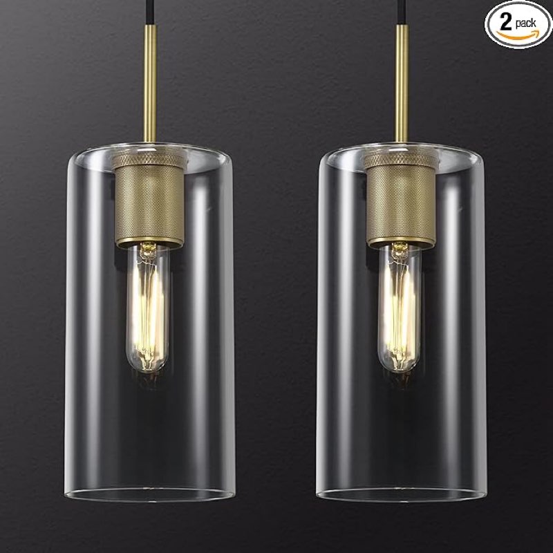 ZHTIECHUI Modern Brass Pendant Lights Kitchen Island 2 Pack Glass Pendant Light Fixtures, 9.5'' Farm