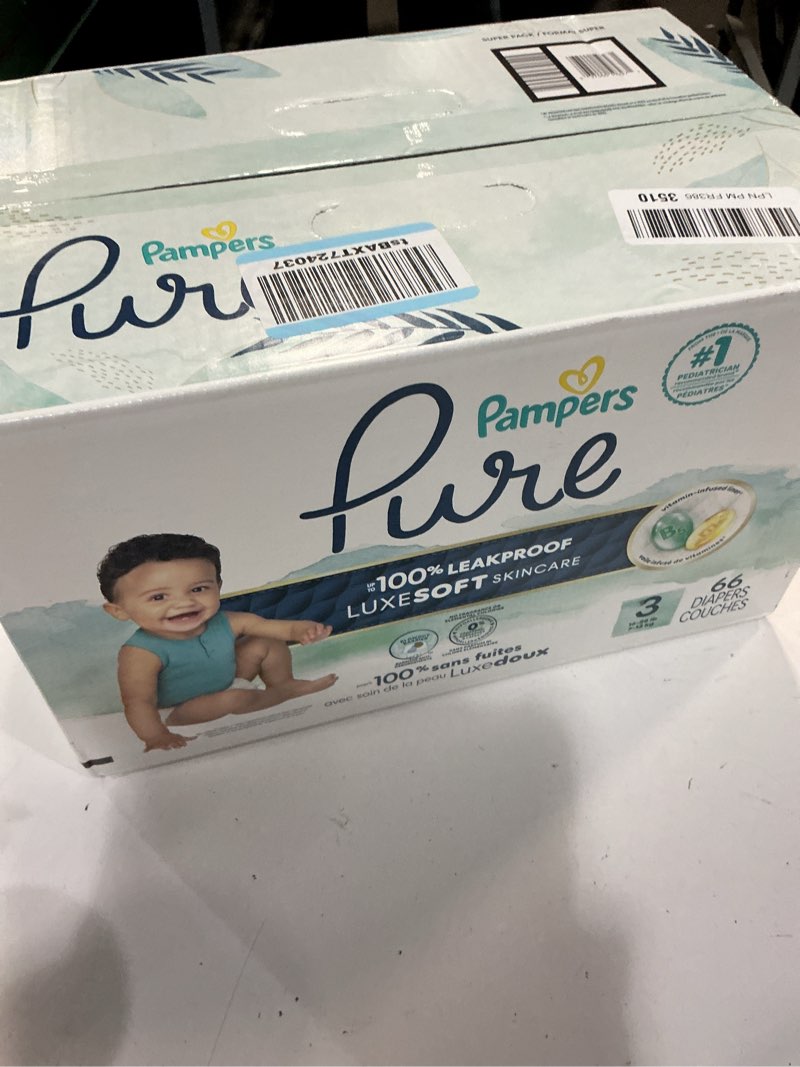 Condition photo showing New/Like New for pampers pure protection baby diapers, size 3 (16-28 lbs), 66 count, up to 100% leakproof, premium plant-based skin protection, hypoallergenic soft diapers size 3 66