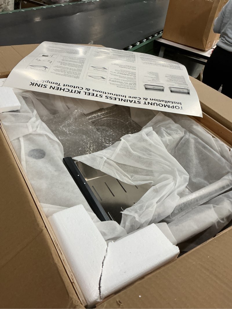 Condition photo showing New/Like New for 23 Inch Black Drop In Kitchen Sink Workstation - SZBAQTM 23x19-Inch Drop In sink Stainless Steel Single Bowl 10'' Deep Handmade Top Mount Sink with Cutting Board& Strainer