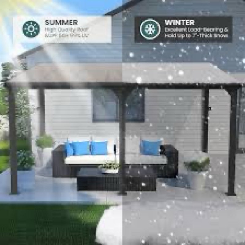 Pamapic 10 * 14FT Wall Mounted Gazebo,4*4 Inch Thickened Pillars & Enlarged Base,Outdoor Hardtop Lean to Pergola,Aluminum Frame Pergola,UV Resistant Polycarbonate Roof,Outdoor Patio Awnings for Deck 10*14FT