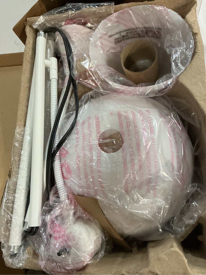 Condition photo showing New/Like New for lightaccents floor lamp with white plastic shades, adjustable standing lamp, reading light, head lamp, ideal floor lamps for living room, measures 12x12x72 inches