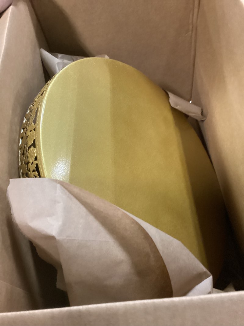 Condition photo showing Good Condition for Wenqik 16 Inch Christmas Cake Stand Gold Metal Round Cupcake Dessert Stand with Cake Cutting, Spatula Xmas Cupcake Pastry Display Candy Holder Display for Xmas Wedding Birthday Party(flower, 16 Inch) 16 Inch Flower
