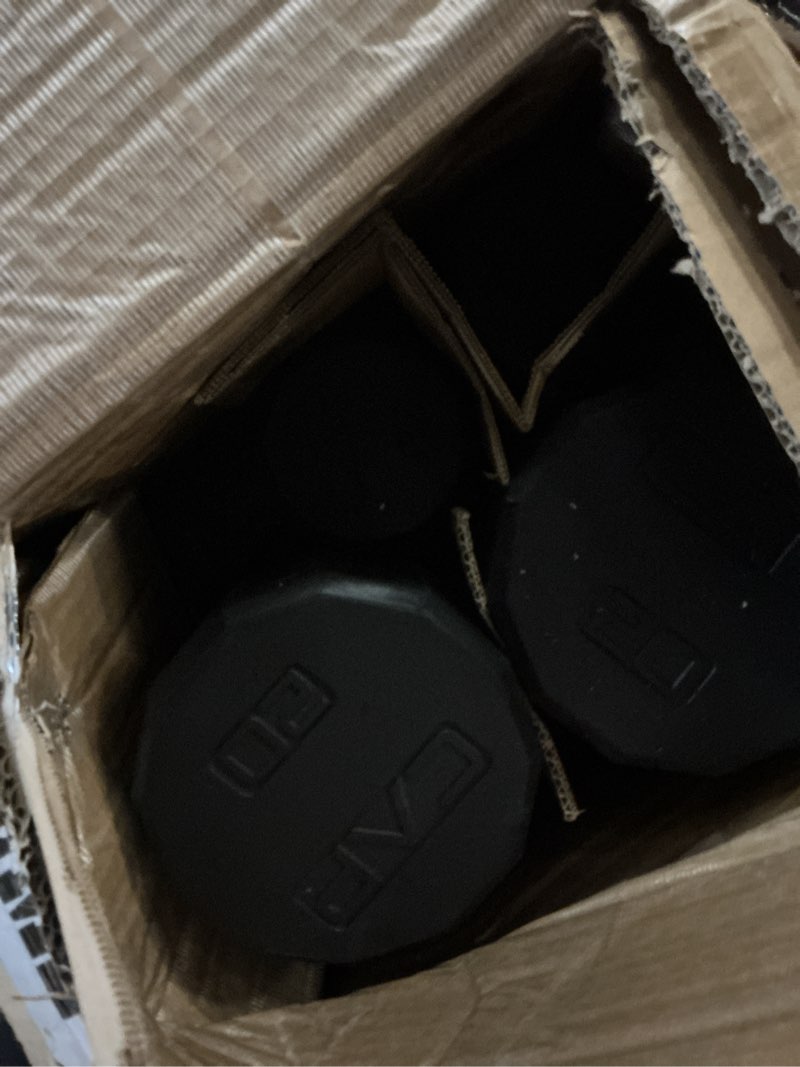 Condition photo showing As Is for CAP Barbell 210 LB Black Handle Coated Hex Dumbbell Weight Set 150 lb - Set - Black Rack 12-Sided Chrome Handle(incomplete 3 boxes only missing 1 box)