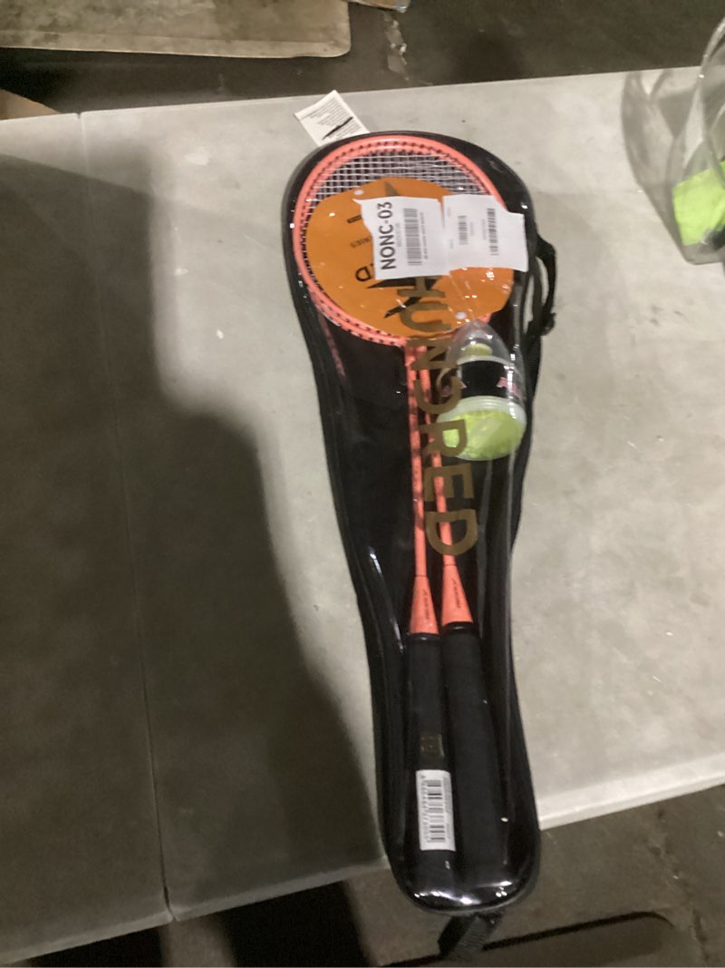 Condition photo showing Good Condition for hundred powertek star badminton racket set of 2, pre-strung racquets with full cover and 2 nylon shuttlecocks, lightweight and durable badminton set for beginners and recreational play peach