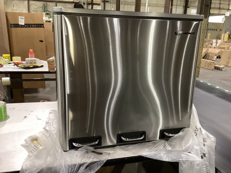 Condition photo showing Good Condition for SONGMICS Trash Can, 3 x 4.8 Gallon Garbage Can, 14.4 Gallon Recycle Bin with Soft-Close Lids, Pedals, and Inner Buckets for Kitchen, Stainless Steel, Silver and Black ULTB54NL