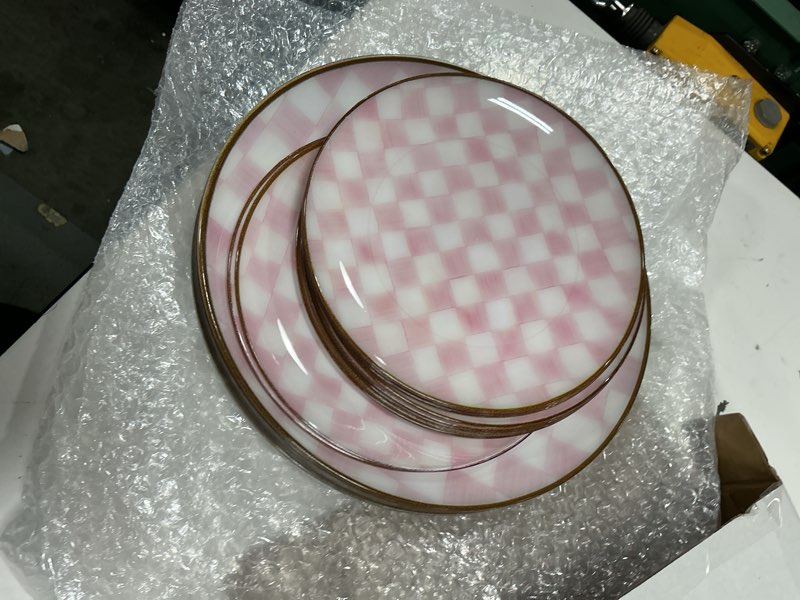 Condition photo showing As Is for u-qe 20pcs pink plastic plates for party - retro checkered plates disposable heavy duty - white and pink plate for party, birthdays - 10 10.25 inch dinner and 10 7.5 inch dessert plate pink checkered