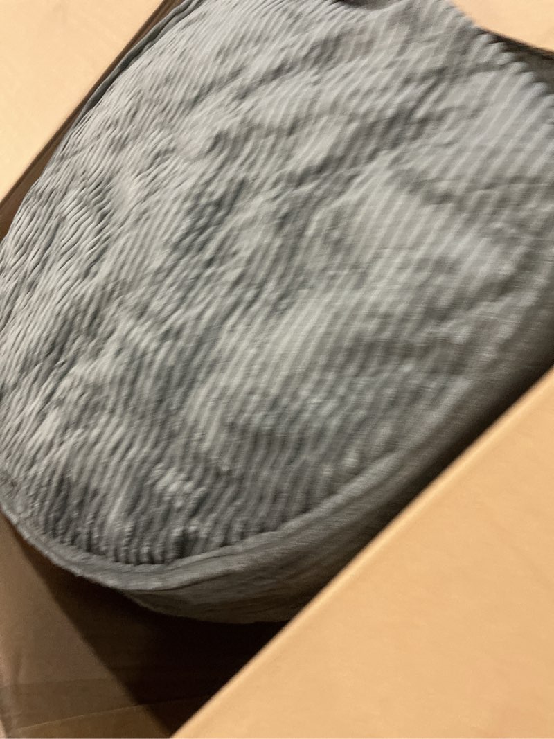 Condition photo showing As Is for higogogo round stuffed pouf ottoman, corduroy poufs with foam chunk filling, furry and fluffy pouf foot stool storage ottoman, 26 x 18 floor poufs foot rest for living room, dark grey 26 inch dark grey