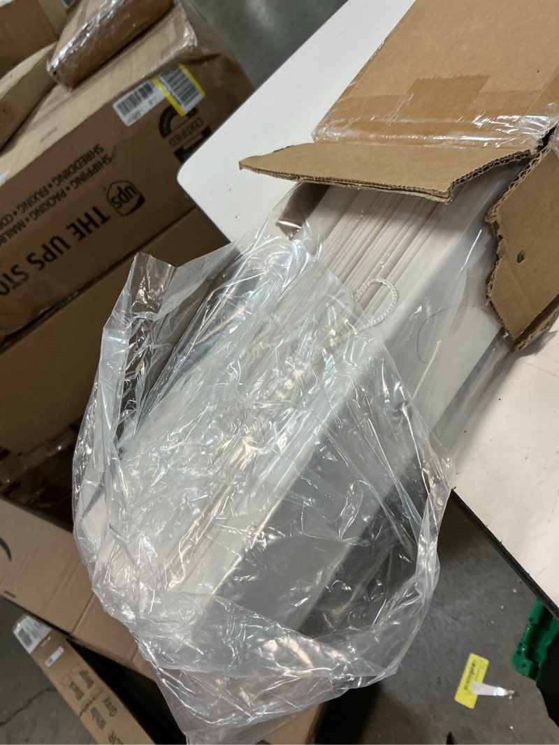 Condition photo showing Good Condition for cordless faux wood blinds 29" w x 36" h, 2 inch slat horizontal windows blinds with crown valance, room darkening blinds, white blinds for home interiors. 29"w x 36"h