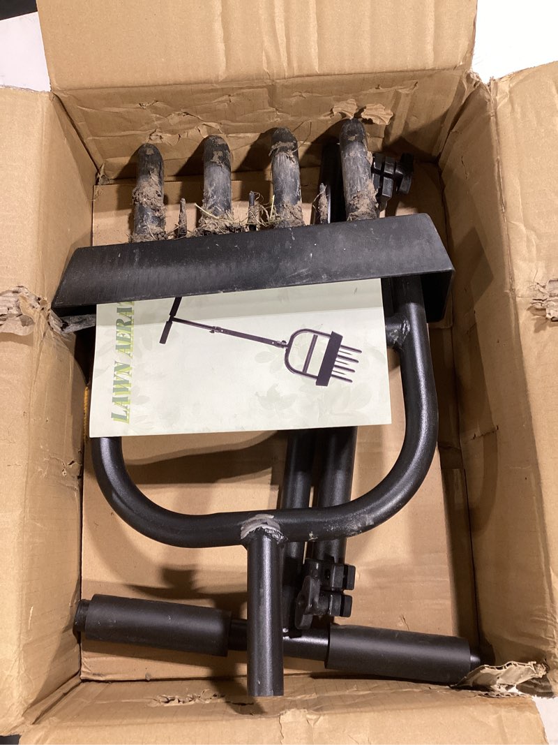 Condition photo showing As Is for lawn aerator tool with 4 hollow tines & 3 spike tines, aerator lawn tool with soil core storage tray, grass aerator for yard aerator, manual lawn core aerator & yard aerator garden tool black