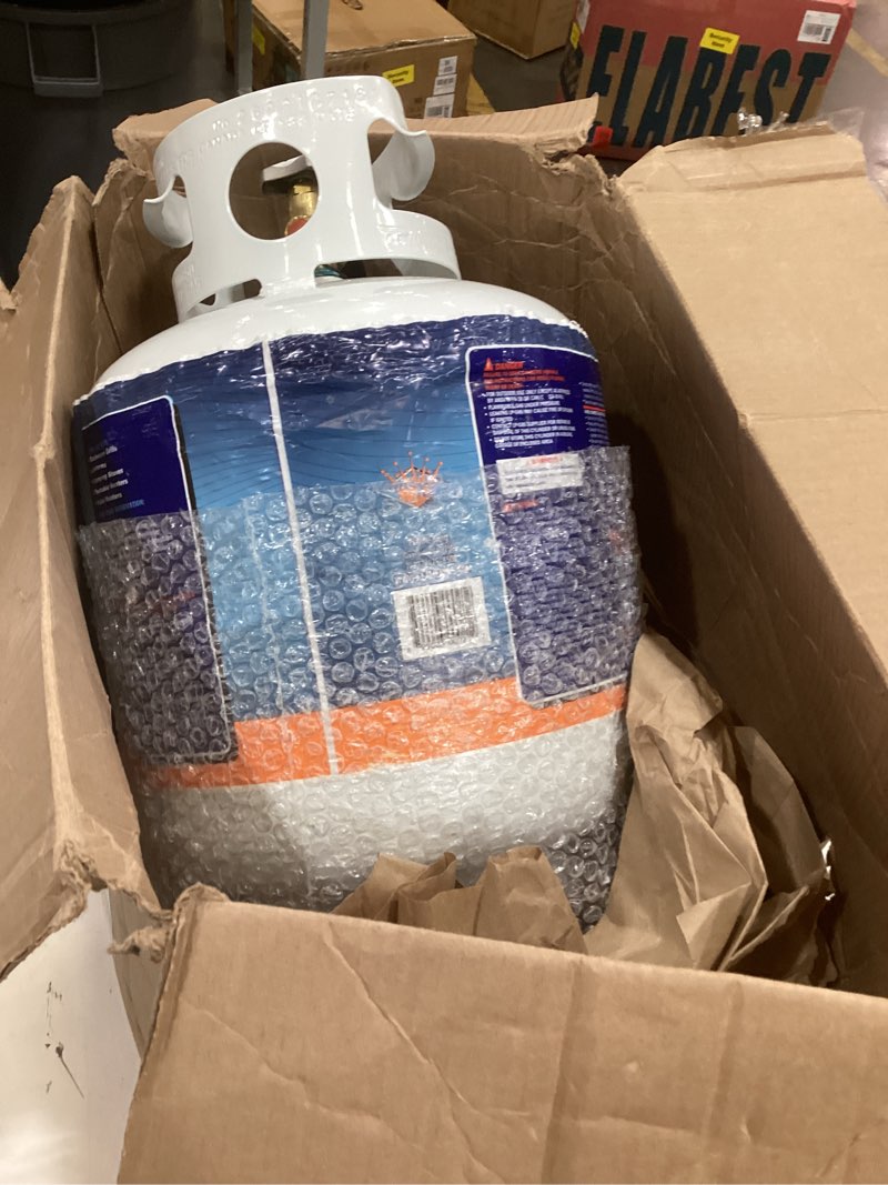 Condition photo showing As Is for flame king ysn-201 20-pound steel propane tank cylinder with type 1 opd valve, white