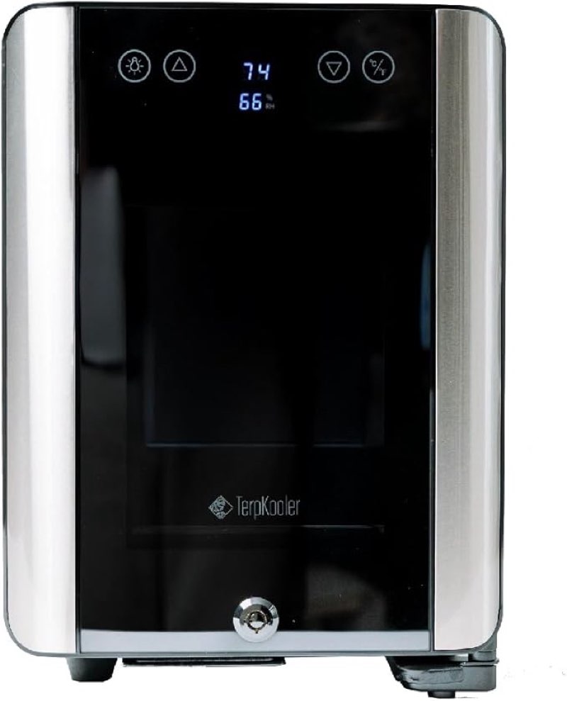 Essential Cooler Compact Portable Mini Fridge with Temp & Humidity Control, 3 USB Ports, Smoked Glass Shelves, Lockable UV Glass Door for Herbs, Oils, Cosmetics, and More