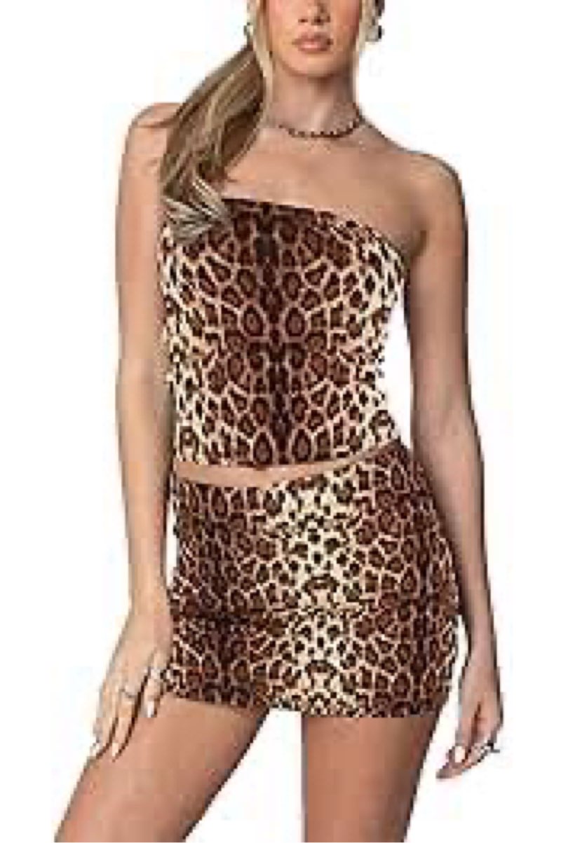 Leopard Cheetah Skirt Sets Women 2 Piece Outfits Y2k Sexy Club Vacation Outfits Two Piece Set Tube T