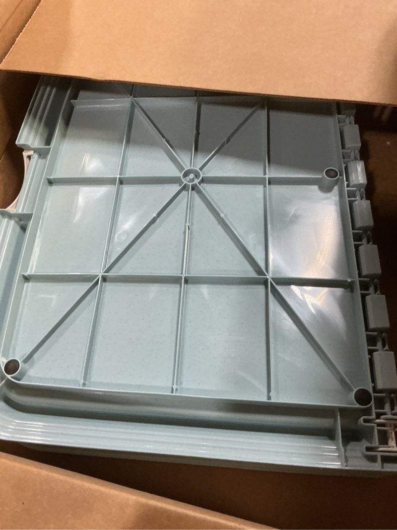 Condition photo showing As Is for IRIS USA Pee Pad Holder - for Large Sized Dog and Puppy Pee Pads, Secured Latches, Non-Skid Feet, High Polish Finish for Easy Cleaning, Leak Protection, Fits 28"x34" Pad or Larger, Square, Blue 28" x 34" Blue
