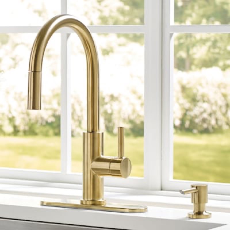 allen + roth Harlow Simplefit Brushed Gold Single Handle Deck-mount Pull-down Kitchen Faucet with Sprayer