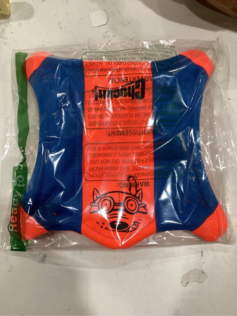 Condition photo showing New/Like New for Chuckit! Flying Squirrel Fetch Dog Toy - Water Floating Flyer - Soft and Durable Polyester Canvas Construction - For Medium Dogs - Size Medium - 9.5-inch Diameter - Pack of 1 - Orange and Blue Medium Dog Toy