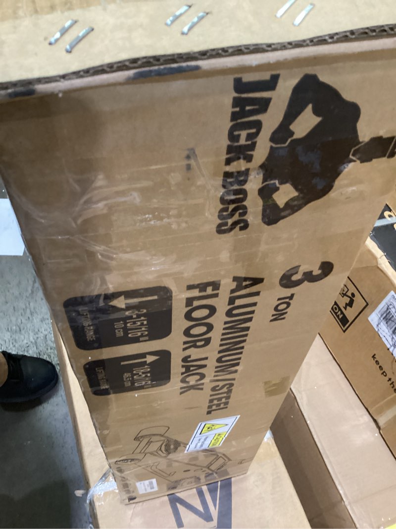 Condition photo showing As Is for jack boss 3 ton low profile, aluminum and steel racing floor jack with dual pistons quick lift pump for sport utility vehicle, lifting range 3-15/16" min to 18-5/16" max, net weight 58.5 lb, red 3 ton aluminum red