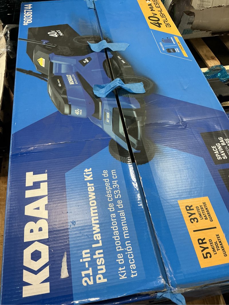 Condition photo showing As Is for kobalt 40-volt 21-in brushless battery push lawn mower 6 ah (battery and charger included)
