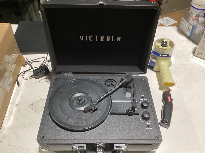 Condition photo showing Good Condition for Victrola Journey + Bluetooth Suitcase Record Player with Matching Bridge Stand & Built-In Speakers – 3 Speed Vinyl Record Player, RCA Out, Headphone Jack, Vinyl Stream (Black) Black with Stand
