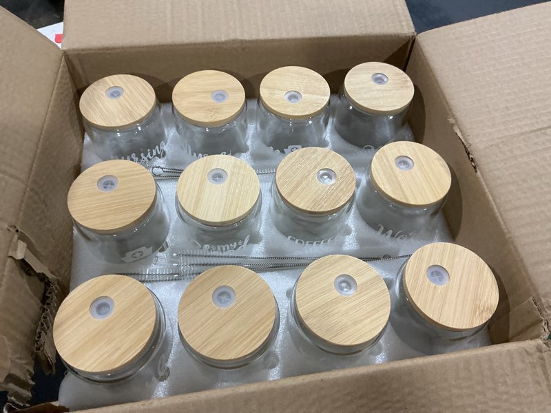 Condition photo showing Good Condition for [ 12pcs Set ] Glass Cups with Bamboo Lids and Glass Straw - Beer Shaped Drinking Glasses, 16 oz Iced Coffee Glasses, Cute Tumbler Cup for Smoothie, Boba Tea, Whiskey, Water - 4 Cleaning Brushes 12 Pack