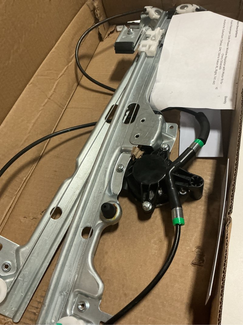 Condition photo showing As Is for front passenger side power window regulator with motor fit for 2007 2008 2009 2010 2011 2012 2013 chevy silverado 1500 2500 3500 hd avalanche suburban tahoe, gmc sierra yukon xl, right, 741-443
