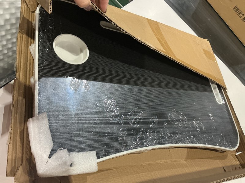 Condition photo showing Good Condition for folding lap desk, 23.6 inch wood laptop bed desk with cup holder, portable bed table for working writing reading & eating for bed, sofa, couch, floor - black