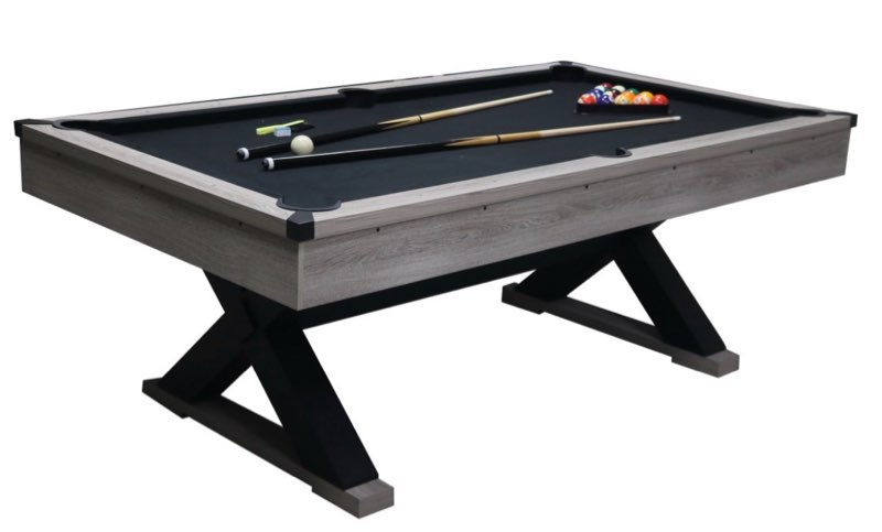 DAMAGED * corner damage *84\\\" Pool Table with Billiard Balls, Cues, Pool Cue Chalk, Cleaning Brush, X-Legs, Black Cloth, Rustic Grey,84.1\\\"L x 46.5\\\"W x 32\\\"H W1668P170269\\n\\n