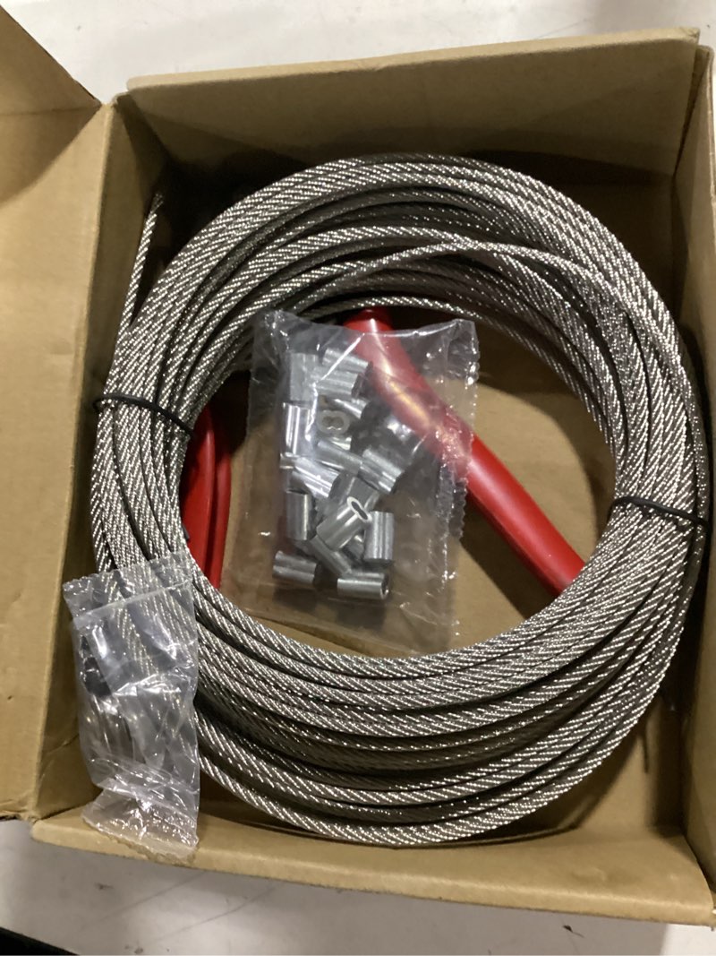 Condition photo showing New/Like New for 1/8 inch stainless steel cable 100ft - 7x7 strand aircraft wire rope with loop sleeve & thimble - heavy duty for deck railing, string light hanging, garden, marine, diy projects 1/8" cable 100ft steel cable kit 38