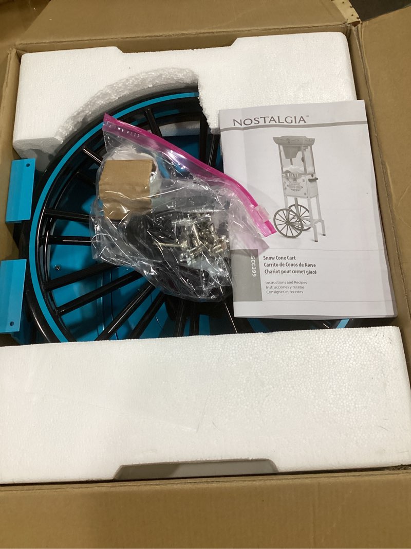 Condition photo showing Good Condition for nostalgia 48-inch retro snow cone maker cart and shaved ice machine with built-in storage  white blue