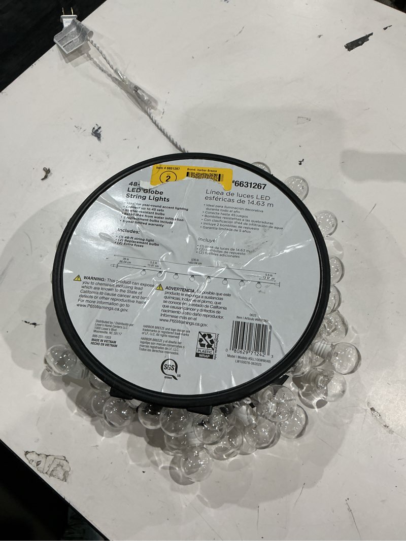 Condition photo showing As Is for 500+ bought last week harbor breeze 48-ft plug-in white indoor/outdoor string light with 100 white