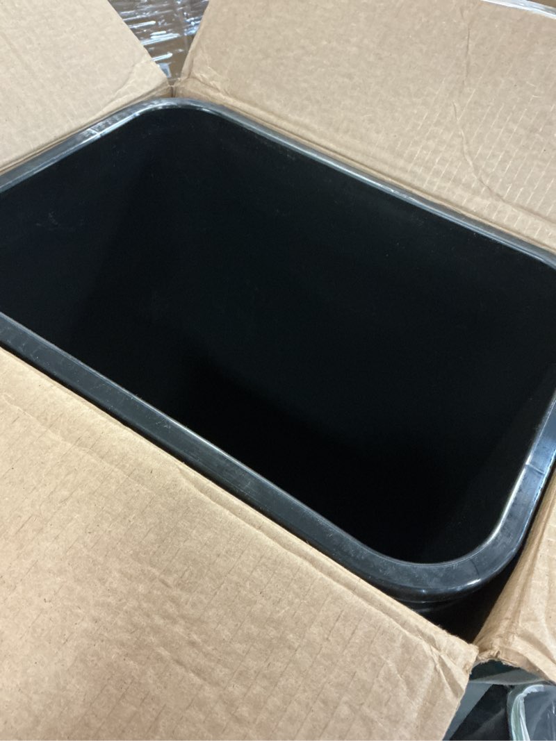 Condition photo showing As Is for Amazon Basics Trash Can, Rectangular Commercial Office Wastebasket, 10 Gallon (Pack Of 2), Black